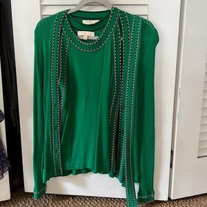 Etcetera Green Cardigan with Black and White Trim